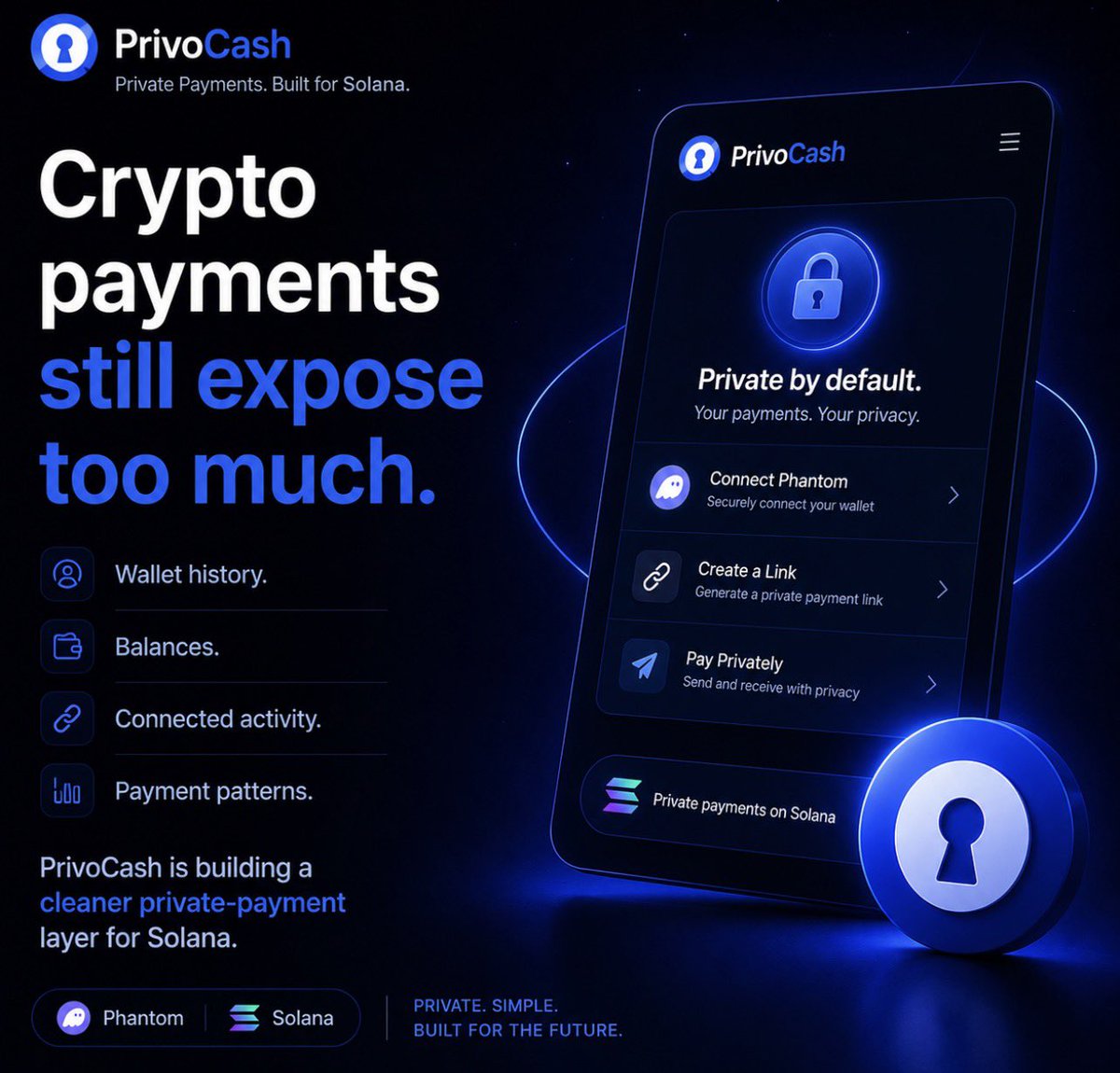 privocash's tweet photo. Crypto payments still expose too much.

Wallet history.
Balances.
Connected activity.
Payment patterns.

PrivoCash is building a cleaner private-payment layer for Solana.

Connect Phantom.
Create a secure link or pay privately. https://t.co/FkJi2l32Oy