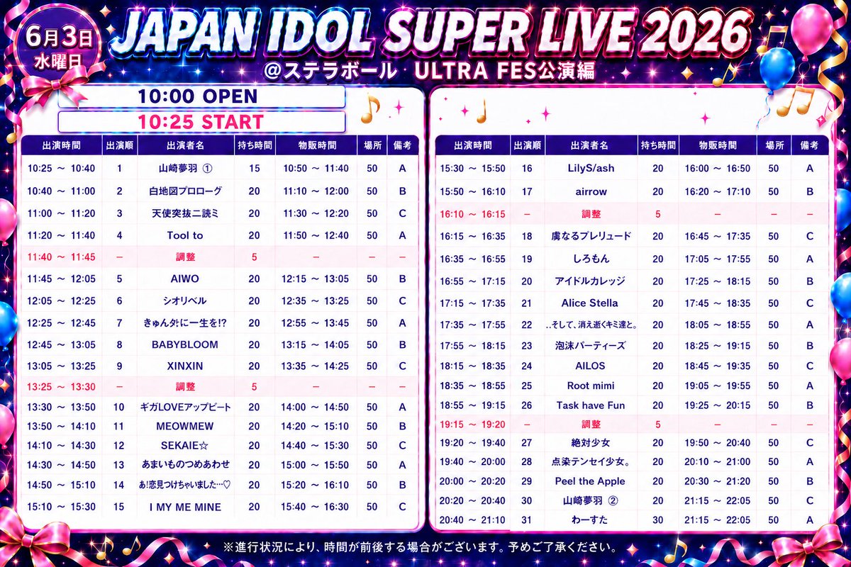 ♡⏰タイムテーブル公開 ˗ˏˋ 🐇 「JAPAN IDOL SUPER LIVE 2026