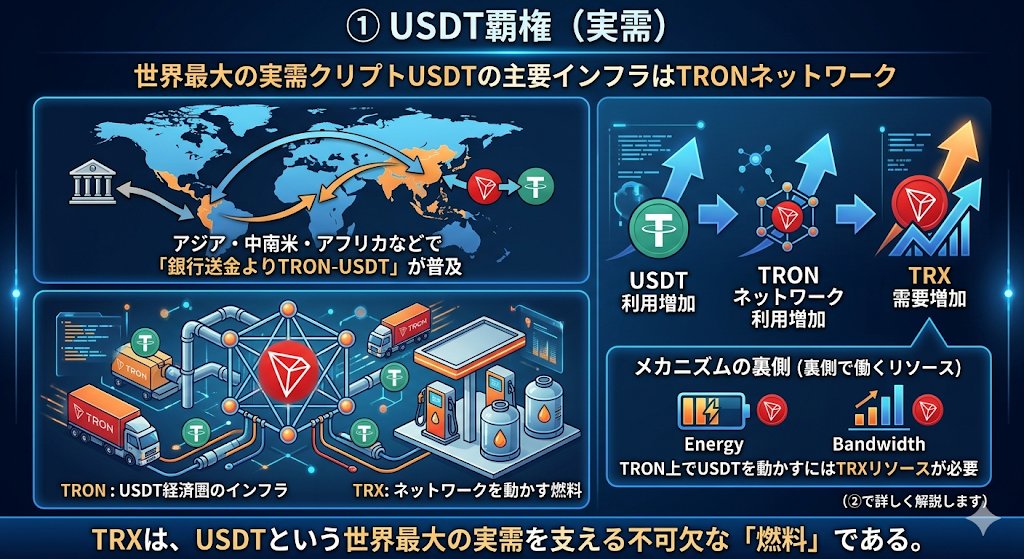 tottyweb's tweet photo. なぜTRXは上がり続けるのか？

シンプルに気になったので
今日は４視点くらいから
掘り下げてみようと思います☝️

① USDT覇権（実需）

Tether (USDT) は現在
世界最大級の実需クリプトです。
その主要送金ネットワークが
「TRON (TRX)」

特にアジア、中南米、アフリカでは
「銀行送金よりTRON-USDT」
みたいな使われ方も増えています。

また、TRON上でUSDTを動かすには、
裏側でTRX系リソース
Energy/Bandwidthが必要になります。
（②で解説します）

つまり
USDT利用増加
↓
TRON利用増加
↓
TRX需要増加
という構造になっているのです。

TRONは
“USDT経済圏のインフラ”
であり、TRXはその「燃料」
に近い立ち位置です。

② 手数料が安く、実用向き

Ethereum (ETH) は強力ですが、
混雑時の高ガス代問題があります。

一方TRONは
✅高速
✅安い
✅送金特化で使いやすい
特に日常送金との相性が強い。

さらにTRONは
単純ガス課金ではなく

・TRXステーキング
↓
・Energy獲得
↓
・手数料削減

という構造。
TRON利用者が増えるほど
Energy需要TRXステーク需要が
増えやすい。

「使われるほどTRX需要にも繋がりやすい」
設計になっています。

③ 利益を生むチェーンになっている

最近TRONは
★チェーン収益
★手数料収益
で上位に来ることが増えています。

TRONは
✅USDT送金
✅DeFi
✅決済
✅Energy利用

など、実際の経済活動
ベースで収益が出ている。
そしてその多くは、
TRXリソース消費と連動。

つまり
TRON利用増加
↓
ネットワーク収益増加
↓
TRX経済圏強化
が起きやすい。

これは
「実需ベースのチェーン」
としてかなり強いです。

④ Justin Sunの“攻めの拡張力”

Justin Sun は賛否ありますが
業界トップクラスに
“攻め続けるタイプ”。

最近でもTRONは
✅AI
✅RWA
✅決済
✅中東規制圏
✅Mastercard系
✅Agentic AI
✅大学連携
など、
かなり広範囲に拡大しています。

特に今のTRONは、
「AI時代の金融レール」
を狙っている動きが強い。

AI Agent時代になると
・24時間稼働
・高速決済
・低コスト
・グローバル送金
が重要になる。

ここで
「Stablecoin最強クラス」
のTRONはかなり相性が良い。

そして、その経済活動の
基盤にTRXがある。
つまりTRONの拡大は、
単なるブランド拡大ではなく
“TRX経済圏拡大”
にも繋がりやすい

🧑‍🏫まとめ

いかがでしたでしょうか？

TRXは
「ただの投機トークン」
ではなく
「世界送金インフラの燃料」
として見られ始めている。

ここが本質的な強さだと思います🔥
#TRONGlobalFriends #TGF
@trondao @TronDao_JPN