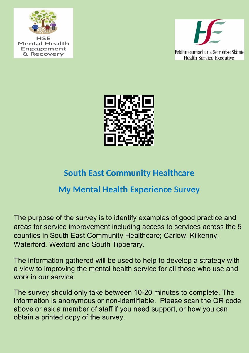RecoverySe's tweet photo. Last chance! 📢 Share your #MentalHealthExperience with South East Community Healthcare. Your feedback helps improve services in Carlow, Kilkenny, Waterford, Wexford &amp; South Tipperary. Survey closes May 29th! Complete it here: https://t.co/izGDUoTQYr #MentalHealth #Survey https://t.co/INDwnOmfwI