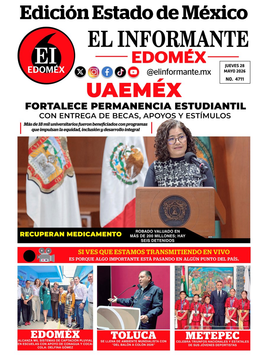 ElInformanteMX's tweet photo. #Portadas de nuestras #Ediciones #Nacional y #EstadoDeMéxico. Jueves 28 de Mayo del 2026.
Nuestra #EdiciónDigital aquí ↓
https://t.co/DEt7uInxwh https://t.co/Nfv20ULQRr