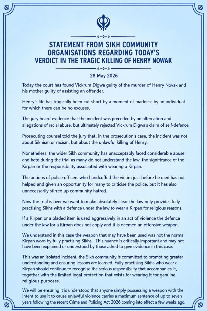 SCUKofficial's tweet photo. STATEMENT FROM SIKH COMMUNITY ORGANISATIONS REGARDING TODAY’S VERDICT IN THE TRAGIC KILLING OF HENRY NOWAK https://t.co/RUUlY2nFAE