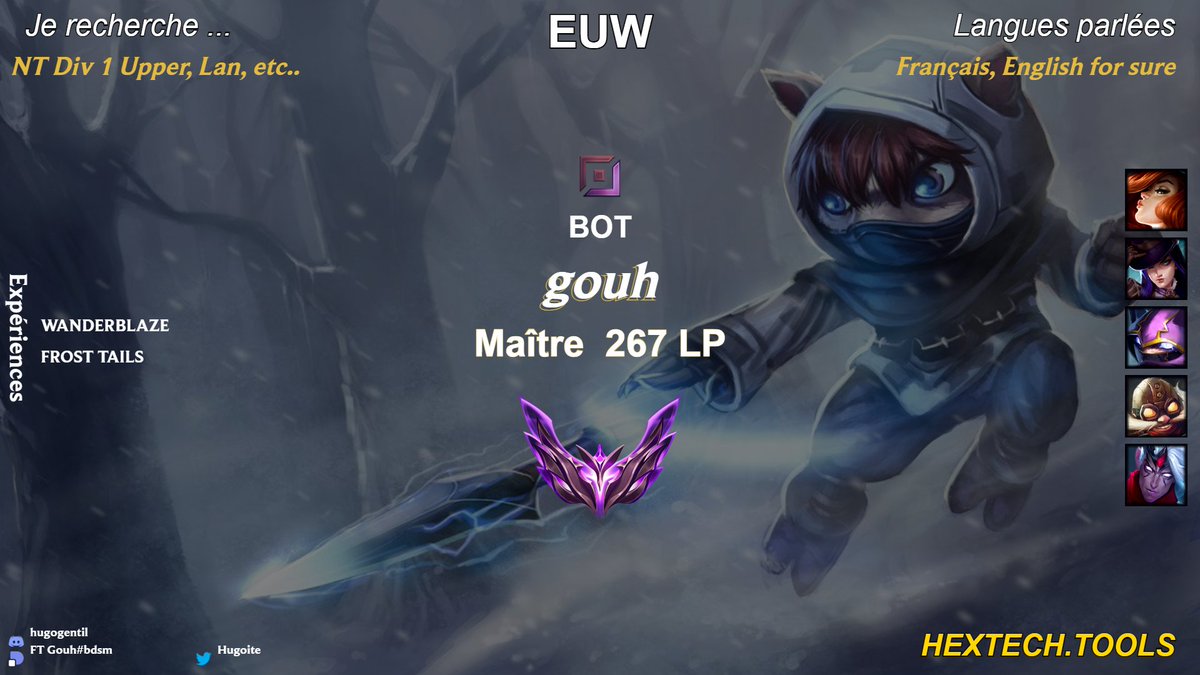 Hugoite's tweet photo. Hello!

J'ai envie de me relancer en équipe au rôle d'ADC. Je vise à me remettre au niveau donc upper div1 NT pour la fin d'année.

RT Apprécié 💖 https://t.co/BZ5Fv0Fwzo