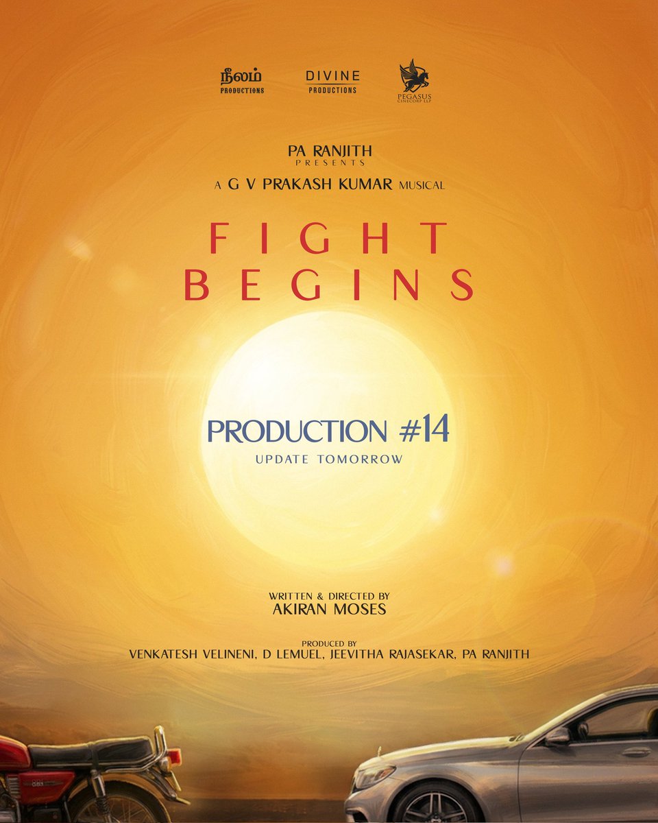 joe_selva1's tweet photo. Brace for our next! Neelam Productions’ #14 🚦 Update Tomorrow
A film by @AkiranMoses
A @gvprakash Musical
Produced by @venkateshDivine #Lemuel #JeevithaRajasekar @beemji
#FightBegins
#DivineProductions @PegasusCineC https://t.co/1N1dsNkS8I