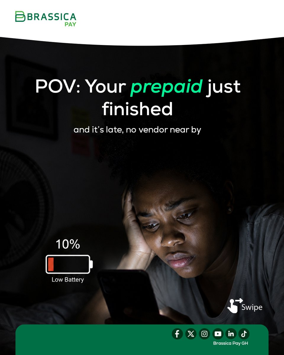 BrassicaPayGh's tweet photo. POV: Your prepaid finishes at the worst possible time.
Good thing Brassica App lets you recharge your ECG in seconds
No queues. No stress.
Download Brassica App today. Link in Bio
#BrassicaApp #ECGTopUp #GhanaTech #FintechGH https://t.co/abJtg1wTzr