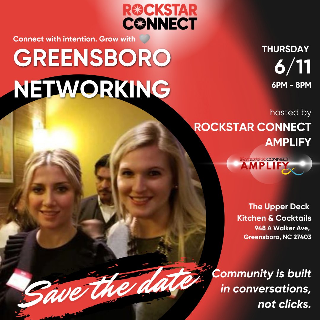 ConnectRockstar's tweet photo. Rockstar Connect Amplify is inviting you to join the FREE Greensboro Networking powered by Rockstar Connect. It's happening on Thursday, June 11, 2026, from 6 PM to 8 PM at The Upper Deck Kitchen &amp; Cocktails.

Reserve your FREE TICKET: https://t.co/AzMcPNrGNC https://t.co/sLfN0uqpDz