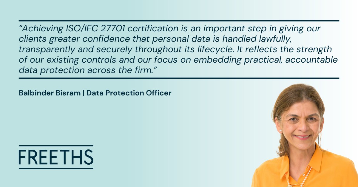 freeths's tweet photo. We have achieved ISO/IEC 27701 certification, the international standard for #Privacy Information Management🔏

This builds on our #ISO 27001 framework &amp; strengthens how we manage #personaldata, with robust, independently audited controls aligned to UK global best practice https://t.co/XClJ9Wtw1Y