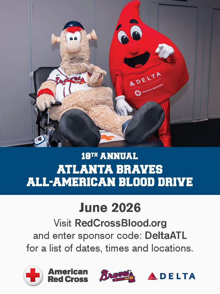 GARedCross's tweet photo. Hey Atlanta! Donate blood to save lives at our 18th Annual #AllAmerican drive June 2 - 30 at multiple locations! Presenting blood donors will get TWO FREE @Braves game ⚾️ tickets, a @Delta stadium bag &amp; a special t-shirt while supplies last. Sign up at https://t.co/pzJhv4WuDY https://t.co/GrZ3Rs5vOL
