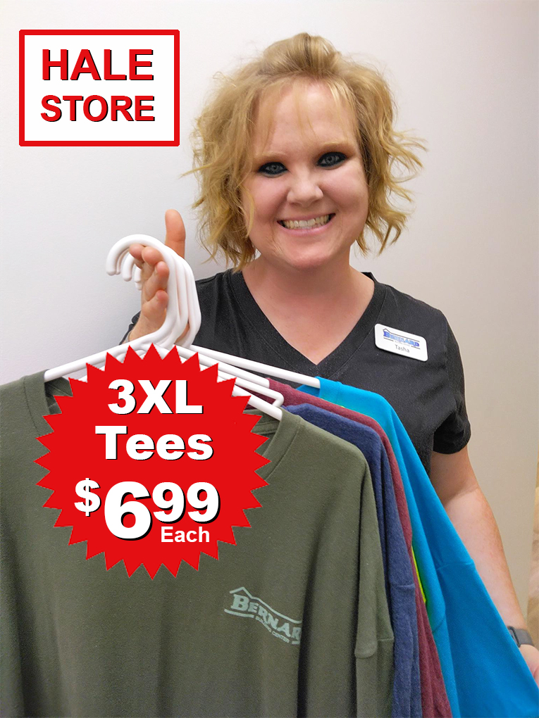 BernardBuilding's tweet photo. Our #Hale store has an abundance of 3XL work tees for just $6.99 each! (Actually, all sizes are $6.99, but the others are going fast.)👀 Assorted colors, including OSHA safety neon. While they last - once they're gone, they're gone for good! https://t.co/gRyRSoMn17