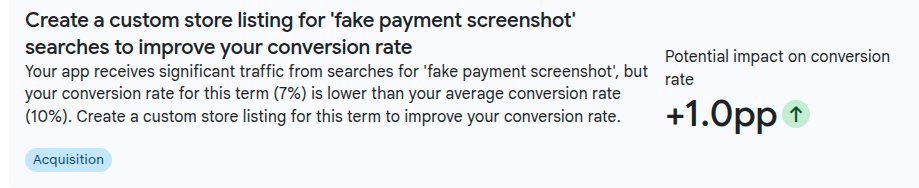 mobiledev_pro's tweet photo. Google Play’s recommendation algorithm is something else... 🫠
My Screenshot Maker app keeps getting traffic from the 'fake screenshots' search query, even though it doesn't have that feature at all. Crazy to see 😄

#buildinpublic https://t.co/i6j4f4DG61