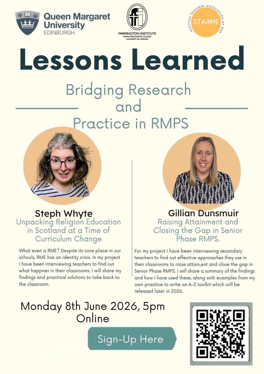 TeachersofRME's tweet photo. Lessons Learned: Building Research and Practice in RMPS

Join us for a CLPL session co-hosted by STARME, Queen Margaret University (QMU), and the Farmington Institute.

Date: 8th June Time: 5:00 PM Location: Online Sign Up: https://t.co/Md8SPm88x1 https://t.co/vCNldsw7Wt