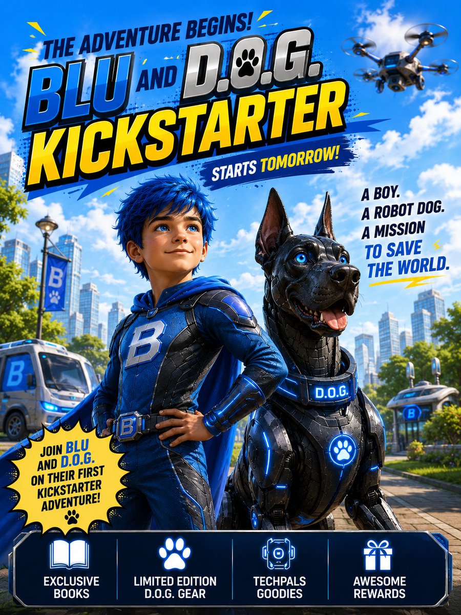 aboyandhisdogjh's tweet photo. Blu and D.O.G. are launching their FIRST Kickstarter adventure! 🐾⚡

What happens when a boy gets a robotic Great Dane and becomes a superhero? Chaos. Laughs. Villains. TechPals. 
#Kickstarter #RobotDog #SuperheroAdventure #ABoyAndHisDOG #kidsbooks

https://t.co/tK9Qnl6wk6 https://t.co/uHI6IavcAW