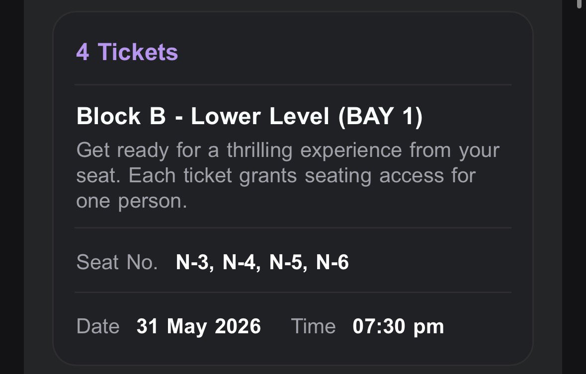 _viratesque_18's tweet photo. i have 4 continuous tickets in BLOCK B - Lower Bay 1. If anyone genuinely interested to buy dm me
#RCB #ipl https://t.co/GO6pszfhwX