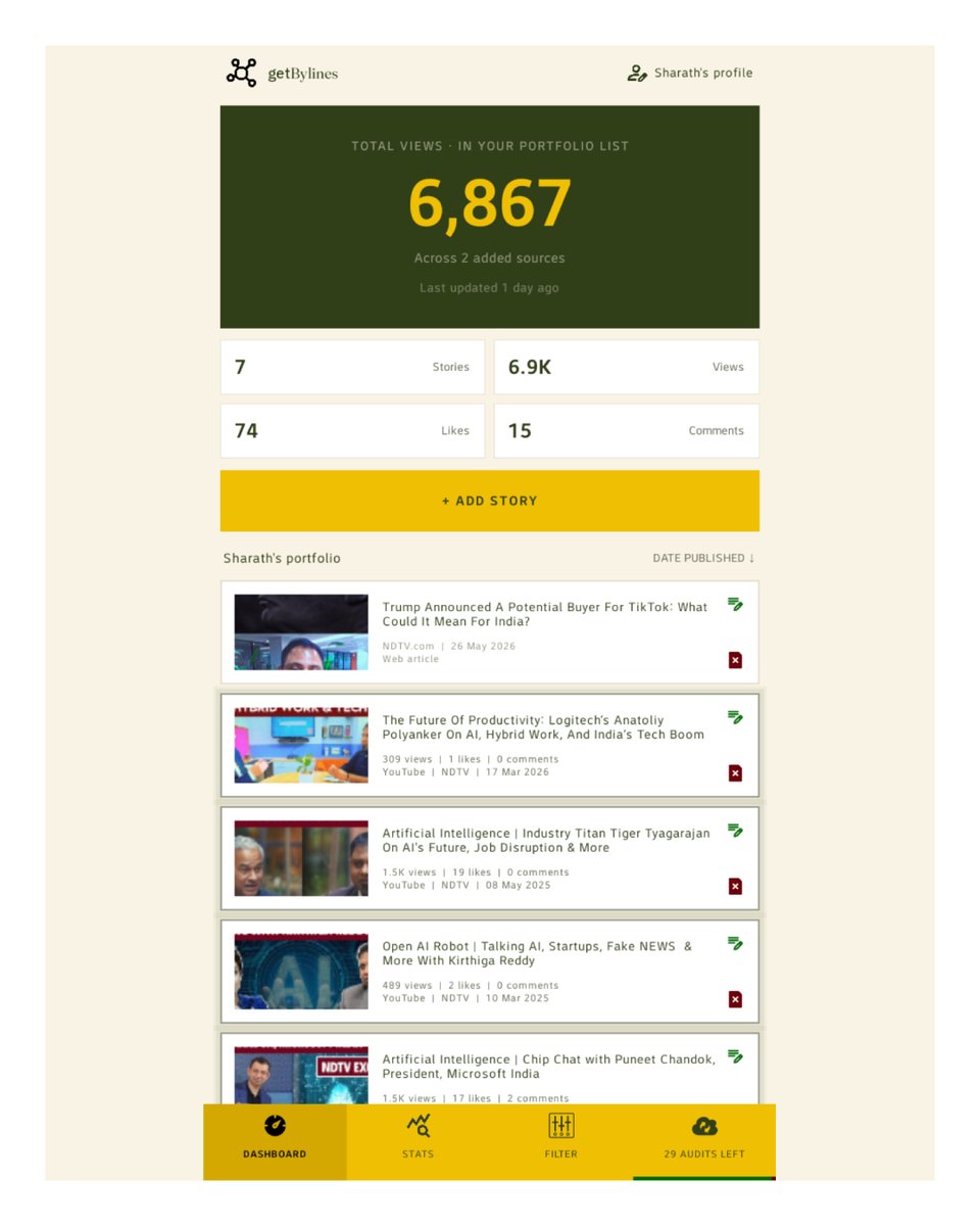 twoonezerosix's tweet photo. While most portfolio tools are static landing pages.
@getBylines turns your scattered body of work into a singular ledger for easy access, in fact most social media links get verifiable stats &amp; insights.
Because @getBylines connects to native platform APIs to fetch these.

(2/3) https://t.co/1nMW6FckSd