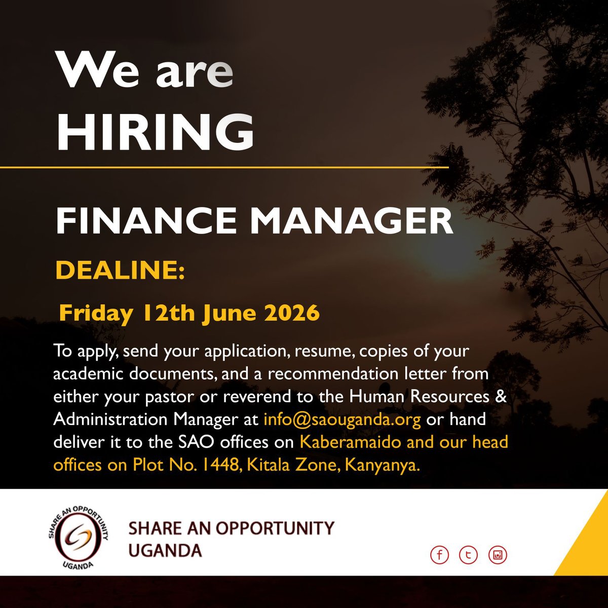 saouganda's tweet photo. 📢 We're hiring!

SAO Uganda is looking for a Finance Manager based in Kampala. 

🌟1-year contract
🌟Master's degree + ACCA/CIMA/CPA required
🌟5 years' experience in finance/NGO sector. 

📧info@saouganda.org
for info: https://t.co/w49VHFVQ7d https://t.co/k7gDoqNWqm