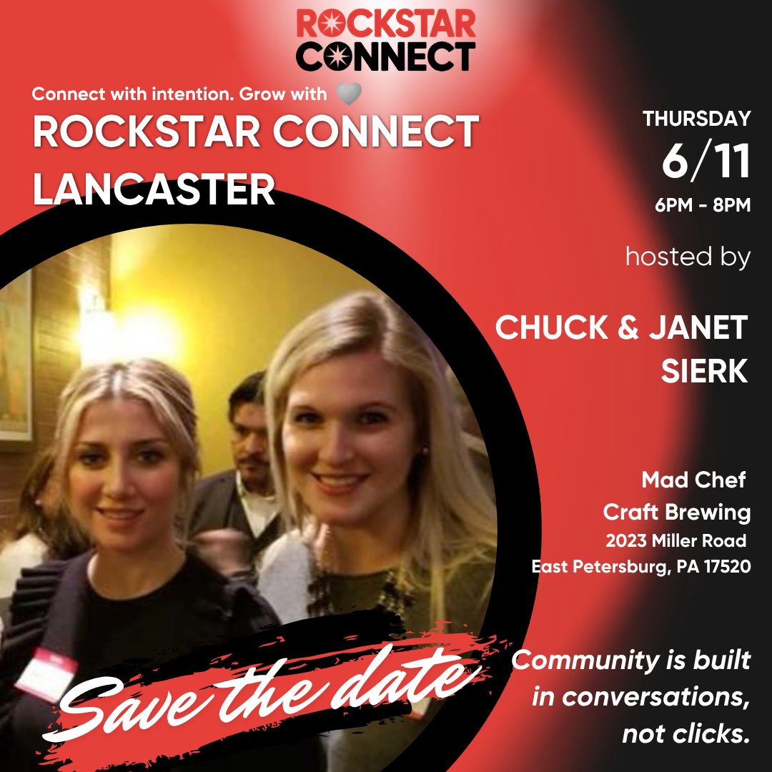 ConnectRockstar's tweet photo. Hosts Chuck Sierk and Janet Sierk, invite you to join the FREE Rockstar Connect Lancaster event happening on Thursday, June 11, 2026, from 6 PM to 8 PM at Mad Chef Craft Brewing.

Reserve your FREE TICKET: https://t.co/qbj1Z8Zfbv https://t.co/riSATIAHuA