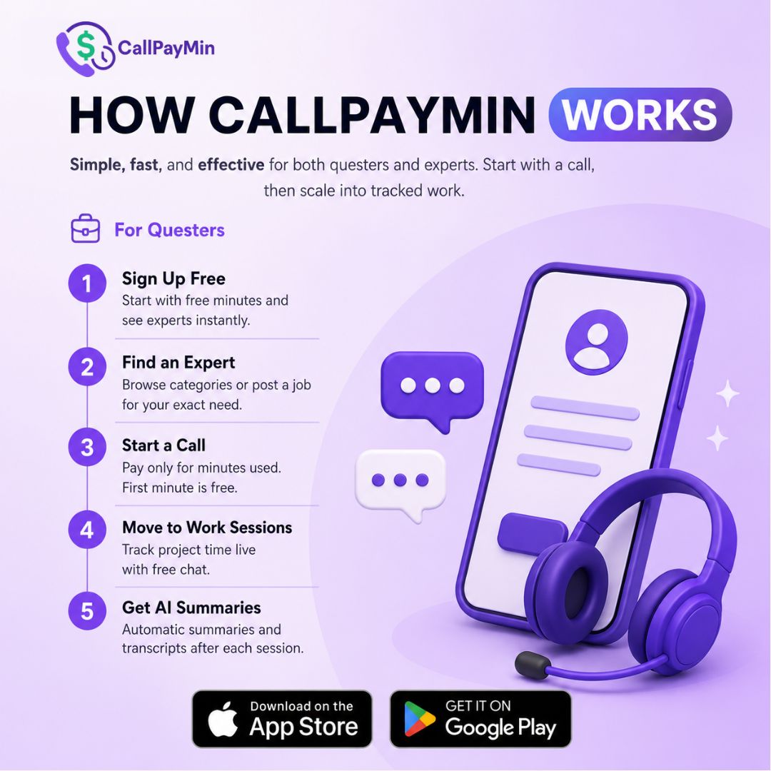 callpaymin's tweet photo. How CallPayMin Works

1️⃣ Sign Up for Free
Create your account and get started with free minutes to explore experts instantly.
2️⃣ Find the Right Expert
Browse categories or post your requirement to connect with professionals who match your needs.

3️⃣ Start a Call
Talk directly with an expert and pay only for the time you use. The first minute is free!
4️⃣ Move to Work Sessions
Need more help? Continue collaborating through tracked work sessions with free chat support.

5️⃣ Get AI-Powered Summaries
Receive automatic summaries and transcripts after every session so you never miss important details.
🚀 From quick questions to complete project support, CallPayMin helps you connect, collaborate, and get results faster.

📲 Download CallPayMin today and experience expert assistance on demand.
#CallPayMin #ExpertAdvice #Consulting #AI #Productivity #RemoteWork #BusinessGrowth #ProfessionalServices #Innovation #WorkSmart #StartupLife #DigitalSolutions #ExpertNetwork #Success #Technology