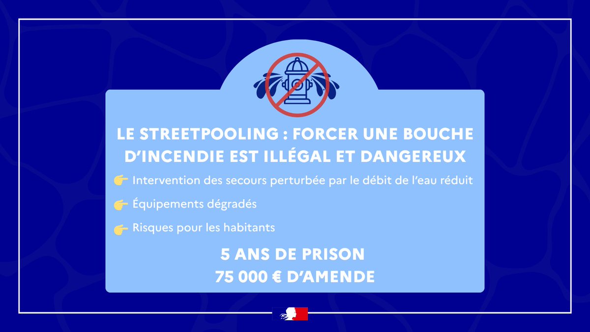 Prefet93's tweet photo. #VigilanceOrange #Canicule #StreetPooling | Face à la chaleur, certains gestes mettent en danger la vie d’autrui et perturbent l’action des secours

🚫 Le "#streetpooling", c’est-à-dire forcer une bouche d’incendie, est illégal et dangereux.

Cette pratique bloque l’intervention des pompiers, endommage les équipements et nuit à la sécurité de tous. Ce délit est passible de 5 ans de prison et 75 000 € d’amende (article 322-3 8° du Code pénal).

🚷 La baignade sauvage est également interdite dans la Seine, la Marne et les canaux du département. Ces baignades sauvages présentent un risque majeur de noyade et d’hydrocution. Déplacez-vous sur les sites de baignade autorisés au sein du département.

@prefet93 et @prefpolice, en lien avec les collectivités, sont mobilisés pour faire respecter ces interdictions et prévenir les dangers durant ces périodes de chaleur.