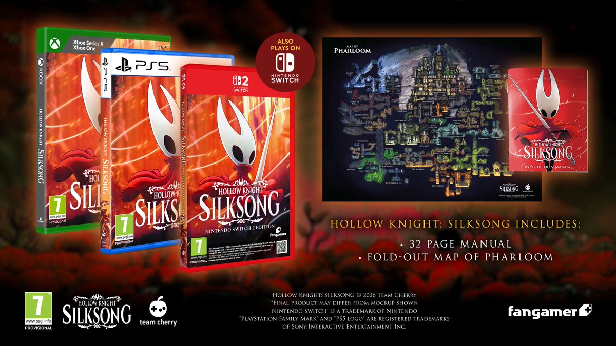 JFG_LeShop's tweet photo. Préparez-vous à explorer Pharloom dans Hollow Knight: Silksong ! 🕸️ 

⚔️ Combats fluides &amp; +40 boss
📦 Édition physique Fangamer : manuel 32p + carte dépliante ! 
🎮 Optimisé Nintendo Switch 2 (cartouche rétrocompatible)

Précommandez dès maintenant ➡️ https://t.co/67yfeX9h5J https://t.co/eEImshDj06