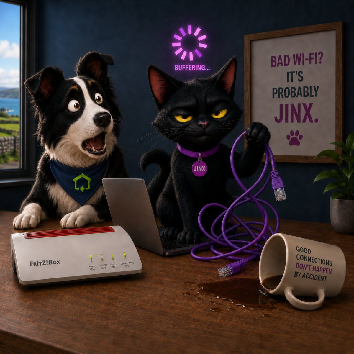 LightnetB's tweet photo. Bad Wi-Fi? It’s probably Jinx. 🐈‍⬛

Meet Lightnet's new resident duo! Jinx lives for network mischief, loose cables, and buffering screens. Thankfully, Finn our intelligent local collie is always on guard to fix the chaos and keep us connected. 🐕⚡
#FinnAndJinx  @loughreaonline https://t.co/fxPaTB7xRc