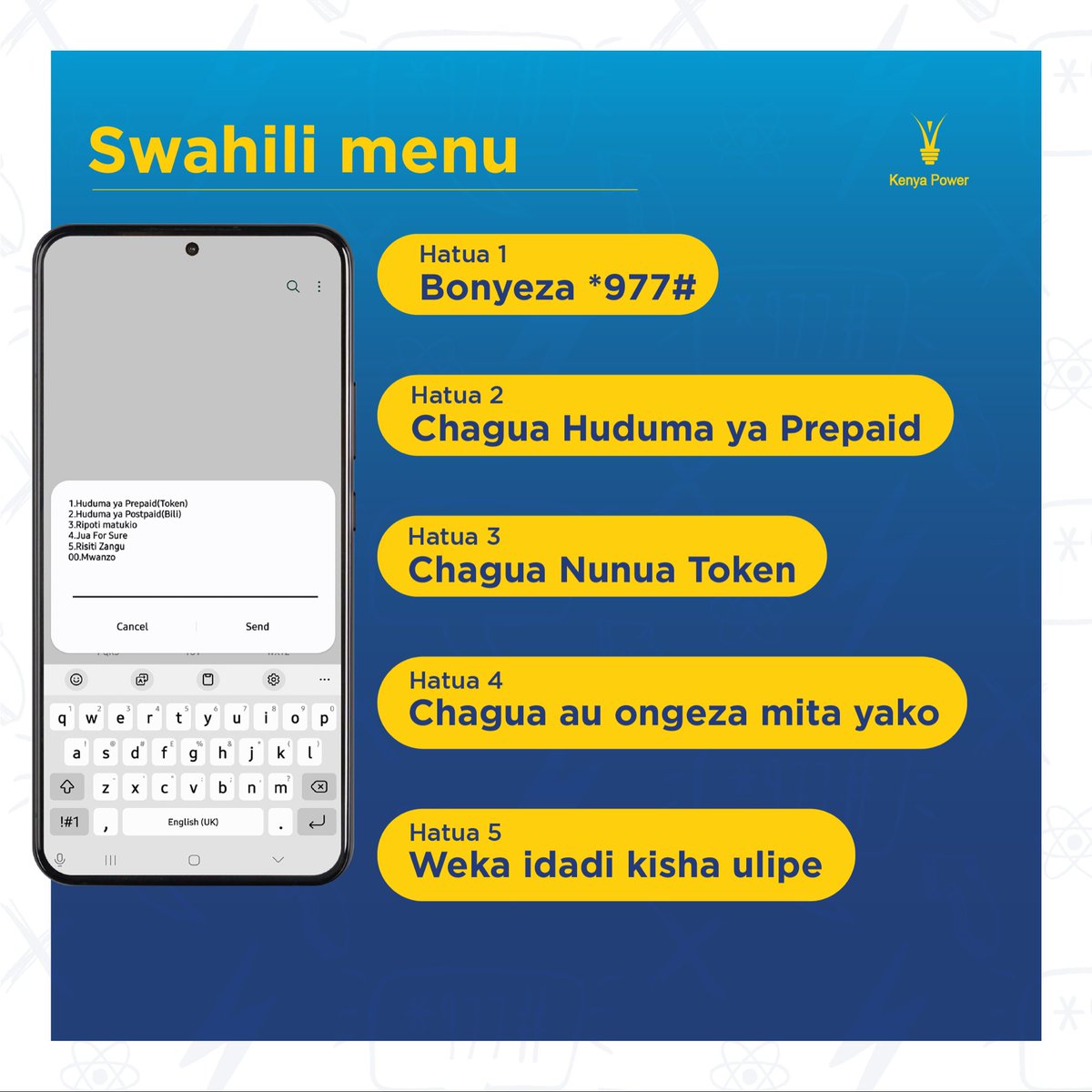 KenyaPower_Care's tweet photo. Quick one!

Buying your prepaid tokens is simpler and faster with the USSD *977#.

✅Check out these simple steps today! ^BO

#SelfService
#PoweringLives
#PamojaTwangaa
Also Check Out! https://t.co/pfoJTi1Iai https://t.co/BksOJKOaLD
