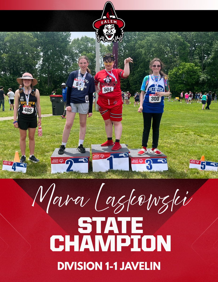 WitchesSports's tweet photo. Unified Track and Field had a Banner day yesterday and brought home 5 State Champions!

Mara Laskowski: D1-1 Javelin 
Nile McManus: D1-10 100M, D1-7 Long Jump 
Erik Shehaj: D1-6 Javelin 
Marisabel Diaz: D1-1 Shot

Congratulations to all of our State Champs!
#GDTBG #GoWitch https://t.co/M3t46UpE7I