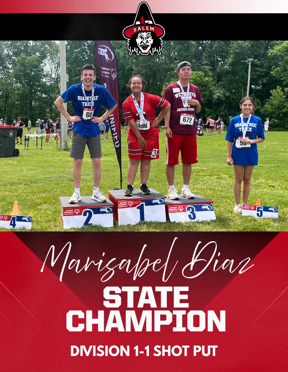 WitchesSports's tweet photo. Unified Track and Field had a Banner day yesterday and brought home 5 State Champions!

Mara Laskowski: D1-1 Javelin 
Nile McManus: D1-10 100M, D1-7 Long Jump 
Erik Shehaj: D1-6 Javelin 
Marisabel Diaz: D1-1 Shot

Congratulations to all of our State Champs!
#GDTBG #GoWitch https://t.co/M3t46UpE7I