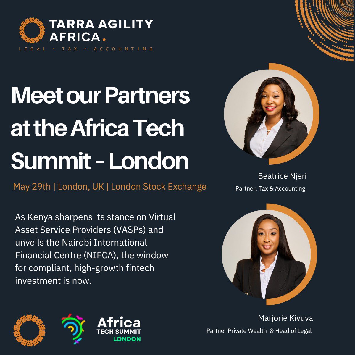 TarraAgility's tweet photo. On Friday, May 29th, 2026, our partners will be on the ground at the Africa Tech Summit to meet and discuss the legal, tax and regulatory landscape shifts in Kenya.

📌Let us connect to explore the regulatory landscape, AI and Fintech opportunities and practical next steps. (1/2) https://t.co/d4y6zOkm7h