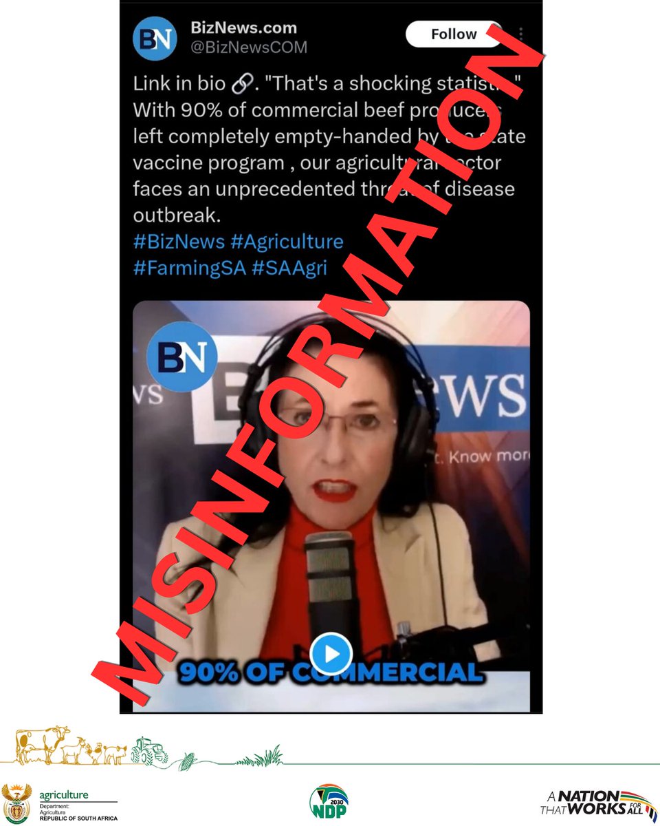 DOAgov_ZA's tweet photo. #StopMisinformation | MISINFORMATION ALERT📍
@DOAgov_ZA notes with concern the claims circulating online that “90% of commercial beef producers were left empty-handed” by the State FMD vaccine programme are FALSE and misleading.

South Africa’s Foot and mouth disease (FMD) response is being implemented through coordinated government and industry interventions aimed at protecting livestock across all farming sectors, safeguarding food security, and supporting producers throughout the country. 

The spread of unverified information creates unnecessary panic and undermines ongoing disease-control efforts. We encourage the public and farming communities to rely on verified updates from official government platforms and credible veterinary authorities.

#FMDUpdate #VaccinateAgainstFMD #NoFarmersLeftBehind #GovZAUpdates @GovernmentZA #ANationThatWorksForAll @GCISMedia @BizNewsCOM