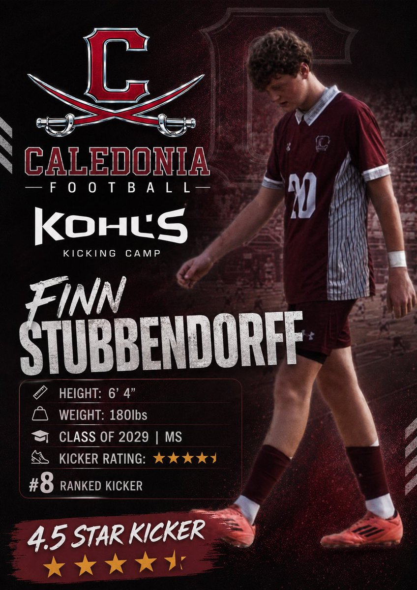CalHSFootball's tweet photo. We knew we had a special kicker… @KohlsKicking just confirmed it. Congrats @Finn_Stubby 
Keep working hard &amp; showing out! You’ll be 5 star soon enough!! https://t.co/UnyzdkYfEf