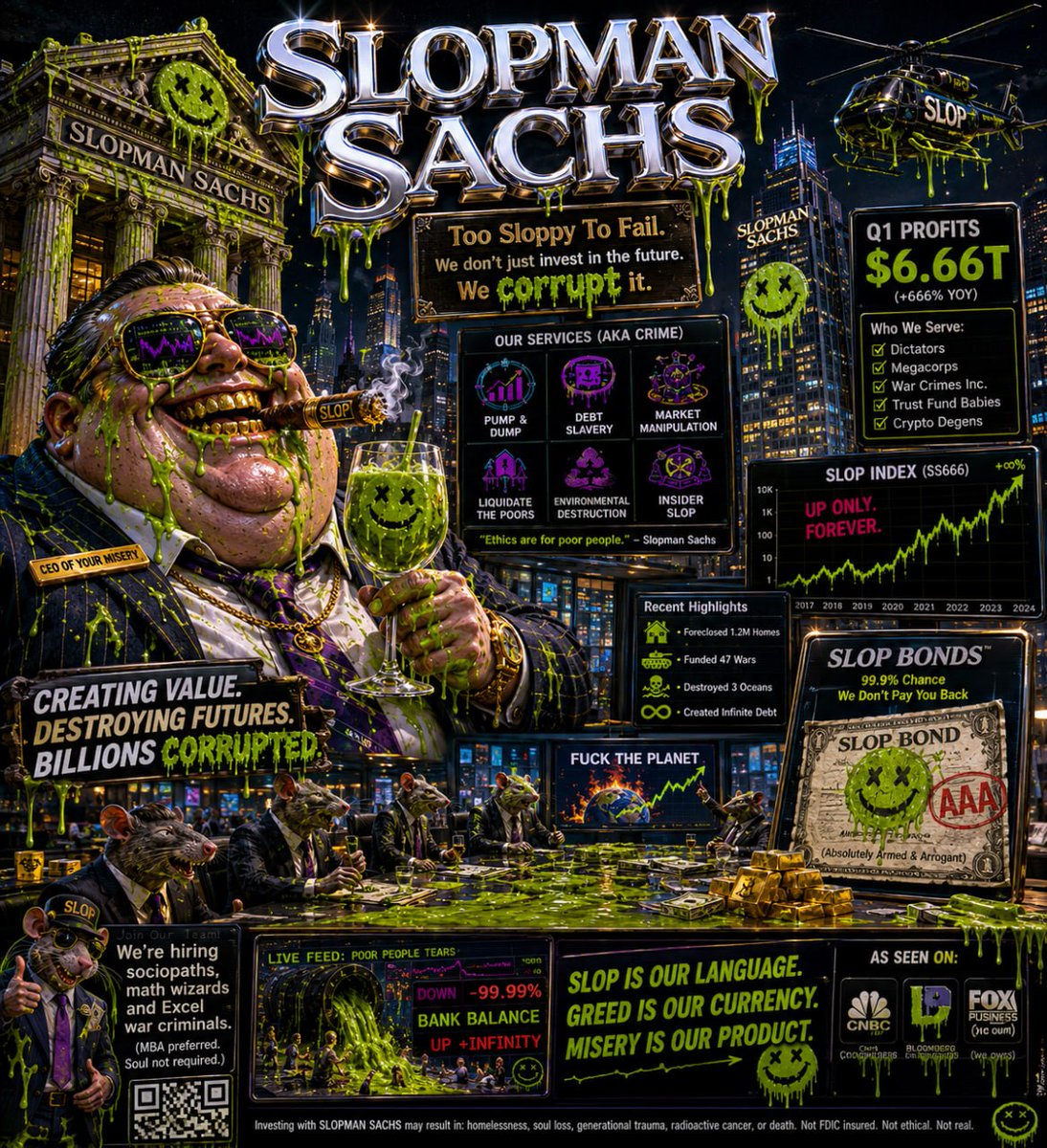 SLOPONSOL1's tweet photo. SLOP  

A compelling low market cap opportunity on solana at the intersection of artificial intelligence and digital culture.

designed for the emerging era of AI-generated content, featuring the distinctive melted face green slime AI mascot that powers viral imagery, automated narratives and creative experimentation.  

Supported by a dedicated, highly engaged community of committed long term holders demonstrating strong conviction. currently undervalued with clear momentum and growth potential.  

CA: EFTmLeEZpT8tE8XSQMZi3A5f4TMHxRxt6ypCDHQdpump  

@SLOPONSOL1 

#SLOP #Solana #AIMemecoins