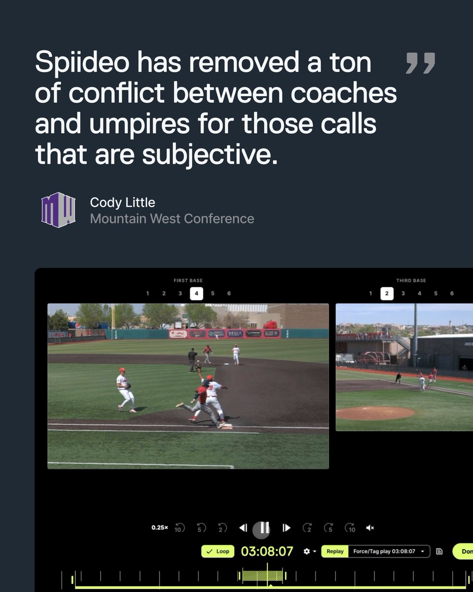 spiideo's tweet photo. "Spiideo has removed a ton of conflict between coaches and umpires for those calls that are subjective."
— Cody Little, Coordinator of Softball Officials, Mountain West Conference

Two years into its partnership with the Mountain West Conference, Spiideo Replay has become central to how the conference manages officiating across softball and baseball from championships to conference games and most non-conference play. Umpires can review any call in seconds, from multiple angles, on any device. The result: less conflict on the field, more trust in the outcome.