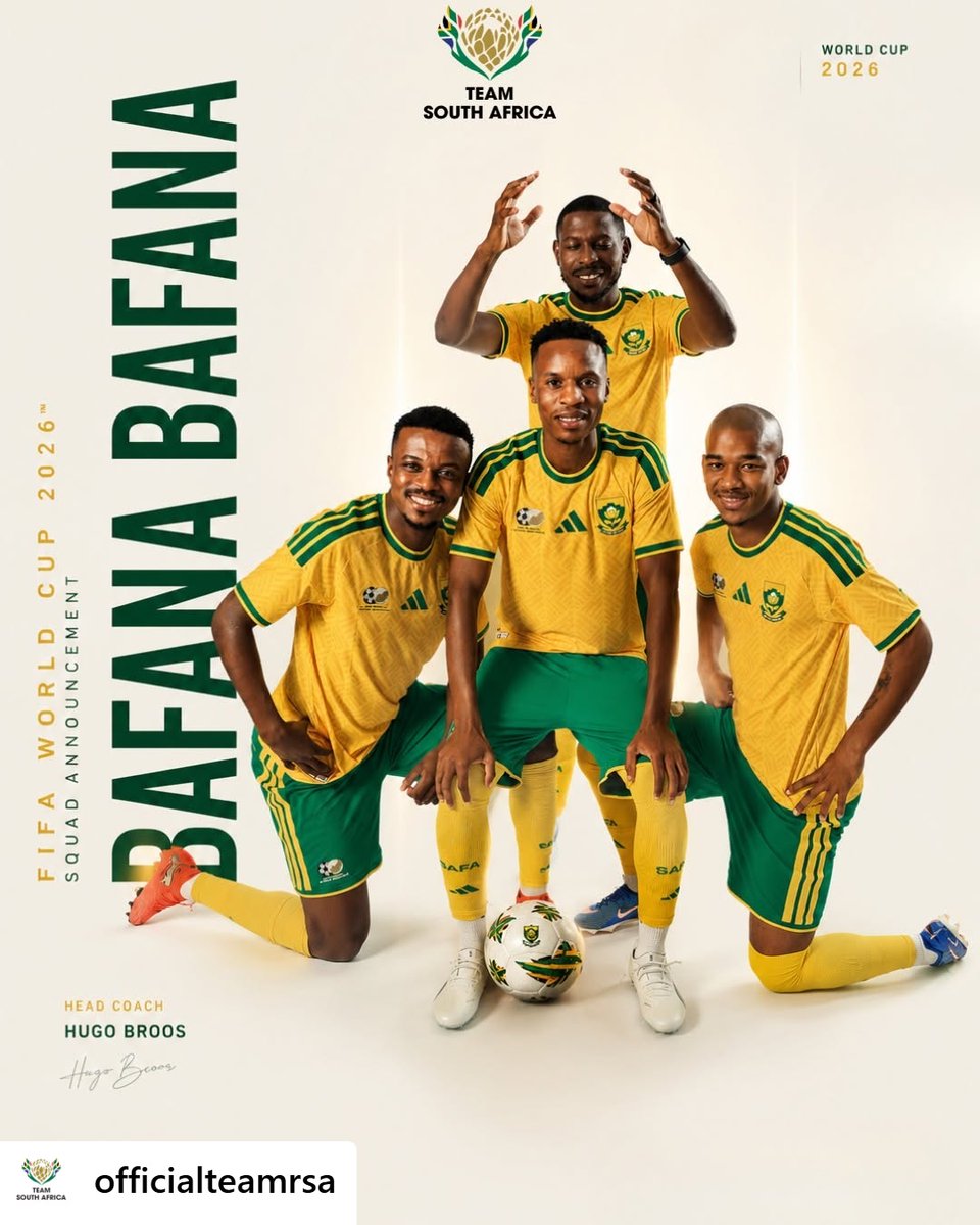 GoldrushSA's tweet photo. Repost @officialteamrsa 🇿🇦 THE WORLD CUP STAGE AWAITS! 🏆

For the first time since our iconic home campaign in 2010, Bafana Bafana is officially BACK on the global stage! 🌍 The squad is locked in, and our path through North America is set. 

Swipe to see the squad, and lock these dates into your calendar:

⚽ 11 June: Mexico v South Africa 
⚽ 18 June: Czechia v South Africa 
⚽ 24 June: South Africa v Korea Republic 

All of us. All in. Kaofela! Let’s make history together. 🔥

👇 Which group stage match are you most excited for? Drop your score predictions in the comments!

#BafanaBafana #FIFAWorldCup2026 #TeamSA #Kaofela #ForMyCountry