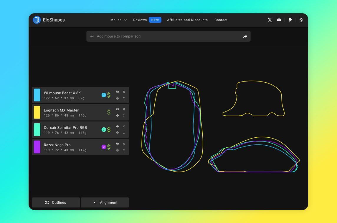 MadeWithVueJS's tweet photo. 🎮️ @EloShapes is a website built with Vue &amp; @vuetifyjs that lets you compare shapes and specs of more than 1,500 gaming mice and other equipment! - https://t.co/t3SVmD3QHr https://t.co/2IeLwk1upk