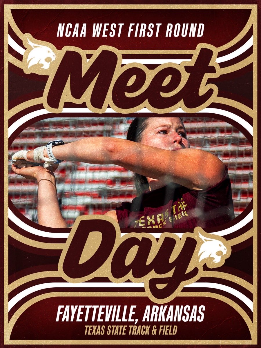 TXStateTrack's tweet photo. Time to Compete 😼

🎽: NCAA West First Round Prelims | Day Two
📍: Fayetteville, Arkansas
⏰: 9:00 AM CT
📺: ESPN+
📊: https://t.co/xVT0CqeR6E

#EatEmUp https://t.co/a1cEJdU83E