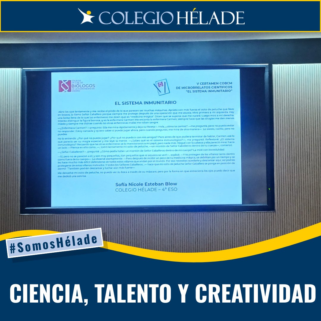 Colegio_Helade's tweet photo. 🧬✍️ Nuestra alumna ha sido seleccionada en el V Certamen COBCM de Microrrelatos Científicos con su relato “El Sistema Inmunitario” 🏆🔬

Ciencia, creatividad y talento unidos en un gran logro. 💛👏

#SomosHélade #Ciencia #Talento https://t.co/qGNwykeqbl