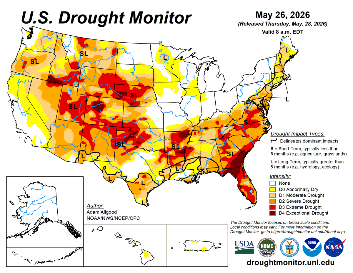 DroughtCenter's tweet photo. U.S. Drought Monitor May 28, 2026

For the 50 states and Puerto Rico, the U.S. Drought Monitor shows 50.77% in moderate drought or worse, compared to 52.15% last week.

#DroughtMonitor #Drought #Drought2026 https://t.co/95wjq9gO7b