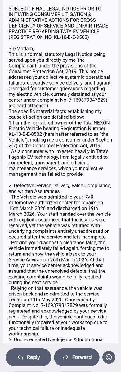 JyothivasanN's tweet photo. Finally, Tata EV forced me to issue a legal notice.Held for 23 days now .K0BE 8502, 7-169379347829
@TataMotors @tata_cars @Tataev @TataMotors_Cust @RNTata2000 @nitin_gadkari @jagograhakjago @consaff @MORTHIndia @KVRGroupIndia
#TataEV #NexonEV #ConsumerRights #service https://t.co/4SK8IDHWTl