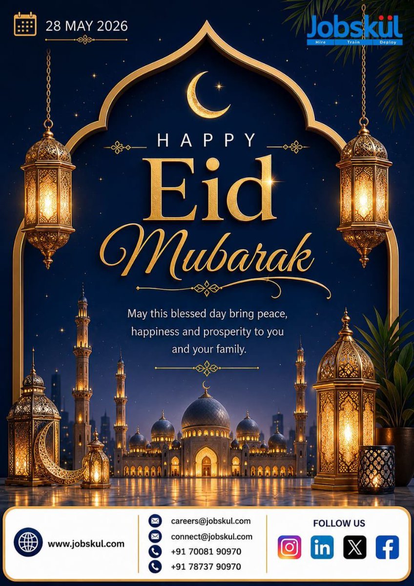 job_skul's tweet photo. 🌙✨Eid Mubarak from Team Jobskül!
May this beautiful occasion fill your life with happiness, peace, prosperity  &amp; endless success. Wishing you &amp; your family joy, positivity &amp; memorable celebrations.

Stay blessed &amp; stay connected with team Jobskül 4 more opportunities &amp; updates! https://t.co/GbfftflfqJ