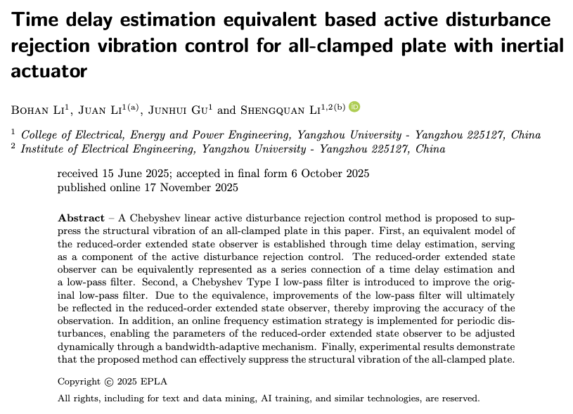 epl_journal's tweet photo. Time delay estimation equivalent based active disturbance rejection vibration control for all-clamped plate with inertial actuator

by Bohan Li, Juan Li, Junhui Gu and Shengquan Li

👉 https://t.co/xITnM2WuFy https://t.co/hD7SsBp6R0