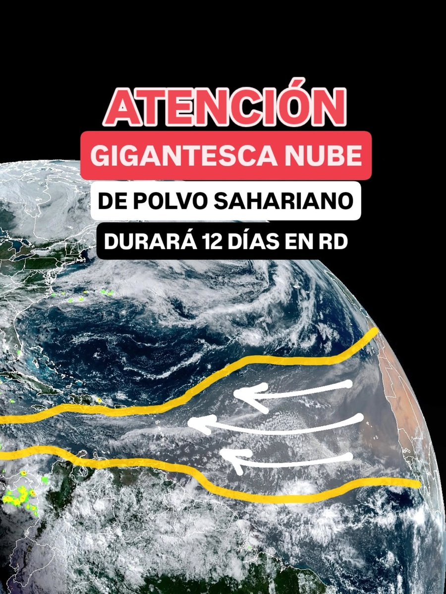 JeanSuriel's tweet photo. 🔴🔴ALERTA | Ya se encuentra en República Dominicana la segunda nube de polvo del Sahara de la temporada, la primera de este año en desarrollar una extensión descomunal de 6,890 kilómetros: es tan densa que tiene 100 veces el tamaño de RD, llegando hasta Centroamérica y todavía conectada con África.

🔴Hoy podrían registrarse algunas lluvias moderadas en varias provincias debido a la permanencia de la vaguada: sin embargo, no serán precipitaciones significativas porque el polvo sahariano inhibe la producción de aguaceros importantes.

🔴En las últimas 24 horas empezaron a llegar partículas africanas al país, pero la parte más densa llegará entre mañana viernes en la tarde y el sábado: este evento atmosférico se extenderá durante 12 días en la región caribeña, aumentando los procesos alérgicos.

Sigue ⬇️