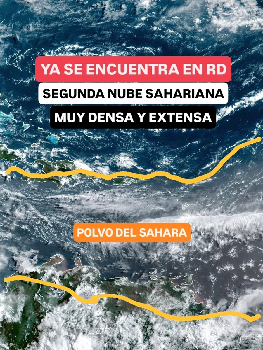 JeanSuriel's tweet photo. 🔴🔴ALERTA | Ya se encuentra en República Dominicana la segunda nube de polvo del Sahara de la temporada, la primera de este año en desarrollar una extensión descomunal de 6,890 kilómetros: es tan densa que tiene 100 veces el tamaño de RD, llegando hasta Centroamérica y todavía conectada con África.

🔴Hoy podrían registrarse algunas lluvias moderadas en varias provincias debido a la permanencia de la vaguada: sin embargo, no serán precipitaciones significativas porque el polvo sahariano inhibe la producción de aguaceros importantes.

🔴En las últimas 24 horas empezaron a llegar partículas africanas al país, pero la parte más densa llegará entre mañana viernes en la tarde y el sábado: este evento atmosférico se extenderá durante 12 días en la región caribeña, aumentando los procesos alérgicos.

Sigue ⬇️