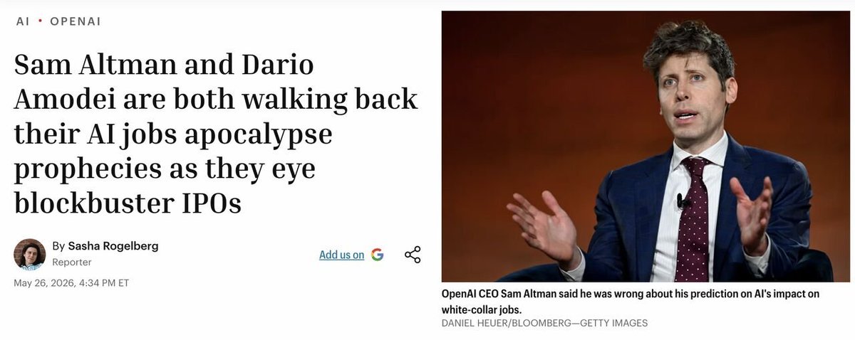 Nale's tweet photo. From the article: 
"𝗢𝗽𝗲𝗻𝗔𝗜 𝗖𝗘𝗢 𝗦𝗮𝗺 𝗔𝗹𝘁𝗺𝗮𝗻, in an interview with Commonwealth Bank of Australia CEO Matt Comyn on Tuesday, 𝘀𝗮𝗶𝗱 𝗵𝗲 𝘄𝗮𝘀 “𝗽𝗿𝗲𝘁𝘁𝘆 𝘄𝗿𝗼𝗻𝗴” 𝗮𝗯𝗼𝘂𝘁 𝗔𝗜’𝘀 𝗲𝗰𝗼𝗻𝗼𝗺𝗶𝗰 𝗶𝗺𝗽𝗮𝗰𝘁, a reversal from his June 2025 warnings that entry-level roles were at serious risk. 𝗔𝗻𝘁𝗵𝗿𝗼𝗽𝗶𝗰 𝗖𝗘𝗢 𝗗𝗮𝗿𝗶𝗼 𝗔𝗺𝗼𝗱𝗲𝗶, who once claimed AI could eliminate 50% of white-collar jobs, 𝗻𝗼𝘄 𝘀𝗮𝘆𝘀 𝗮𝘂𝘁𝗼𝗺𝗮𝘁𝗶𝗼𝗻 𝗺𝗮𝘆 𝗮𝗰𝘁𝘂𝗮𝗹𝗹𝘆 𝗲𝘅𝗽𝗮𝗻𝗱 𝘁𝗵𝗲 𝘄𝗼𝗿𝗸 𝗽𝗲𝗼𝗽𝗹𝗲 𝗱𝗼."  

According to the Yale Budget Lab, there's no broad, measurable AI shock to the U.S. job market (yet anyways).