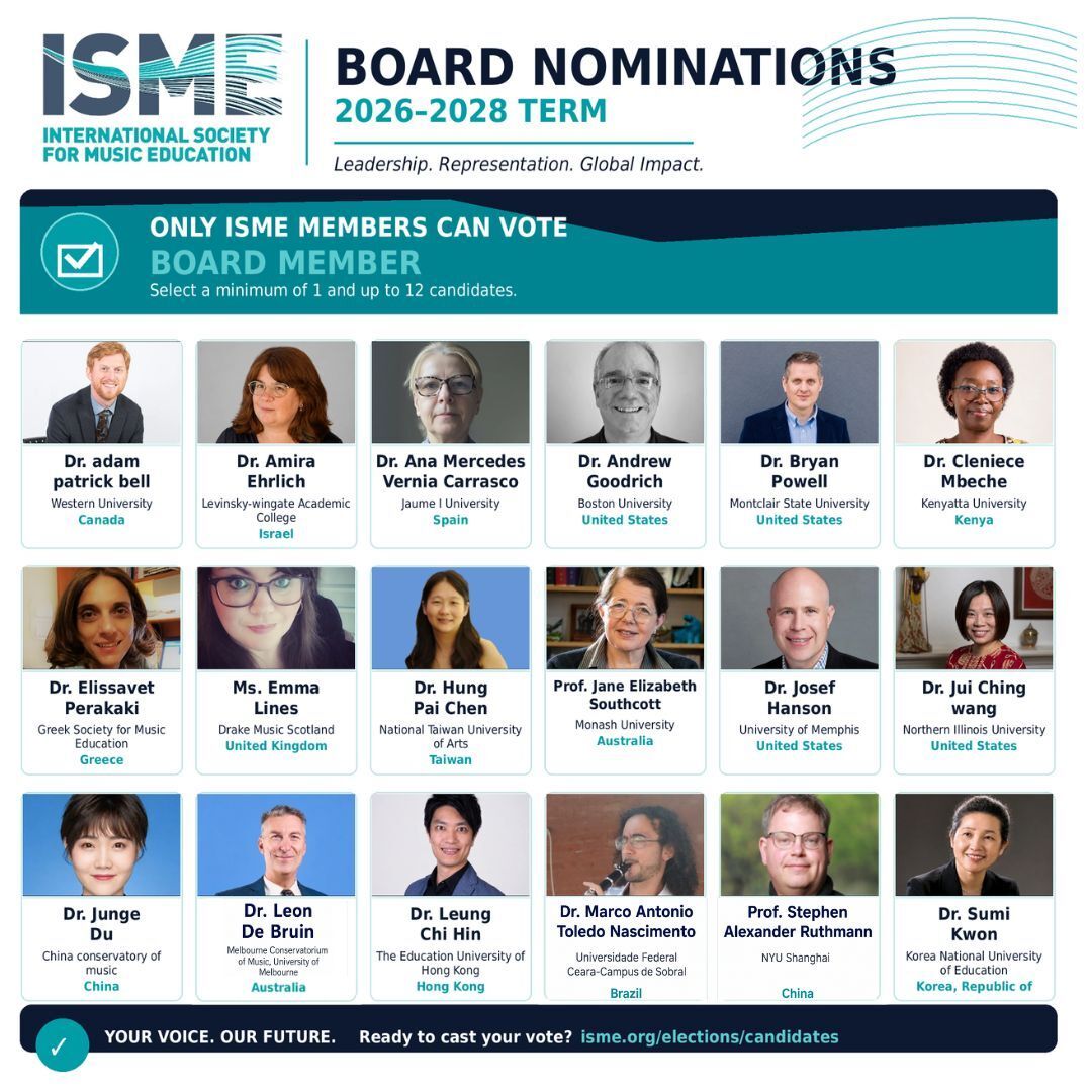 official_isme's tweet photo. ISME members — your voice matters. Voting is now open for the 2026–2028 ISME Board of Directors and President-Elect elections.

Help shape the future of global music education by casting your vote!

🗳️ Vote now: https://t.co/QtH1Mq8J2O https://t.co/bRvxpnxqT7