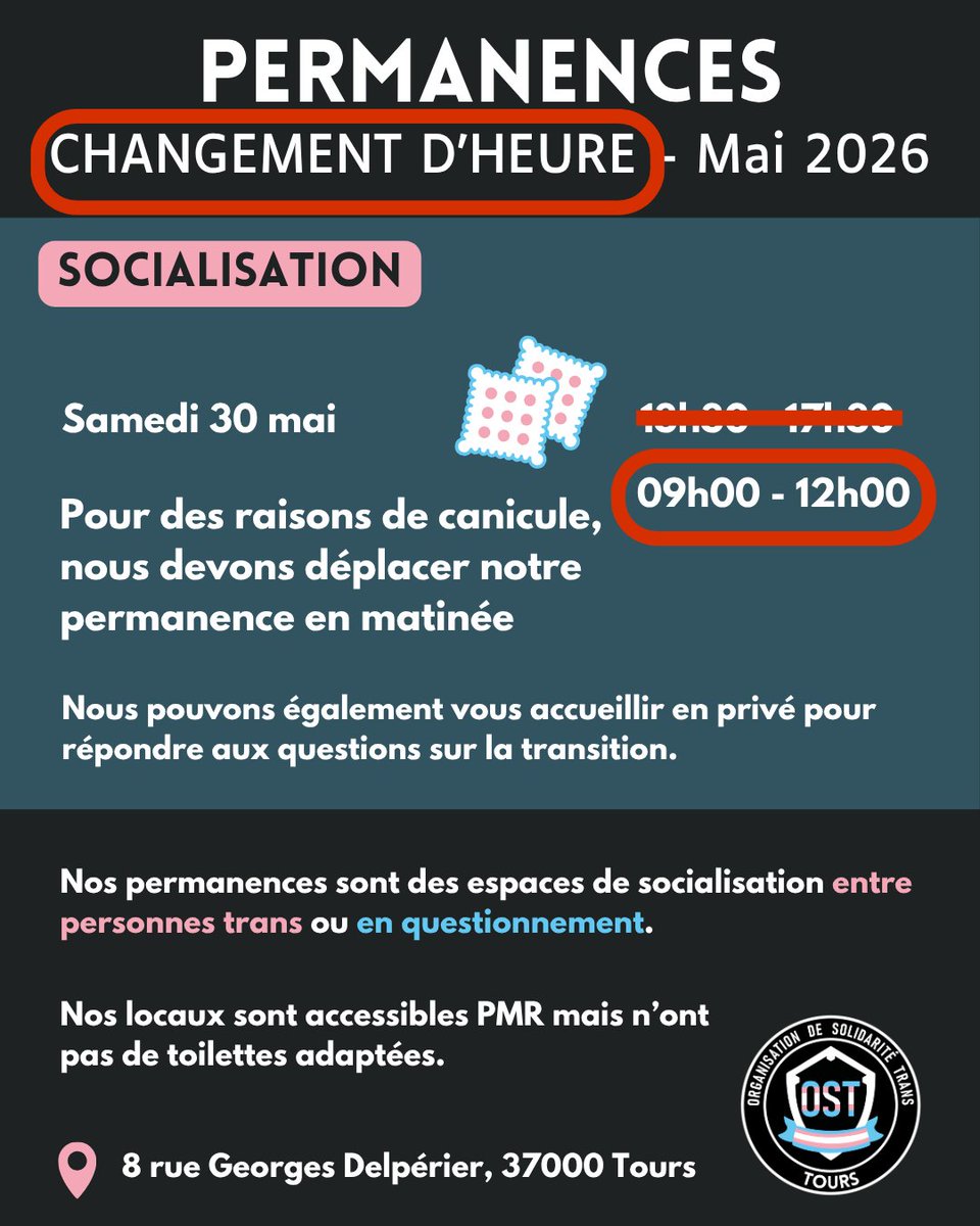 OST_Tours's tweet photo. ⚠️ CHANGEMENT D'HEURE DE LA PERMANENCE DE SAMEDI 30 ⚠️

La canicule ne nous permettant pas de tenir une permanence l'après-midi, nous la déplaçons en matinée, de 9h à 12h

Hâte de vous y voir ✨🔥🏳️‍⚧️ https://t.co/OdtUEuumfq