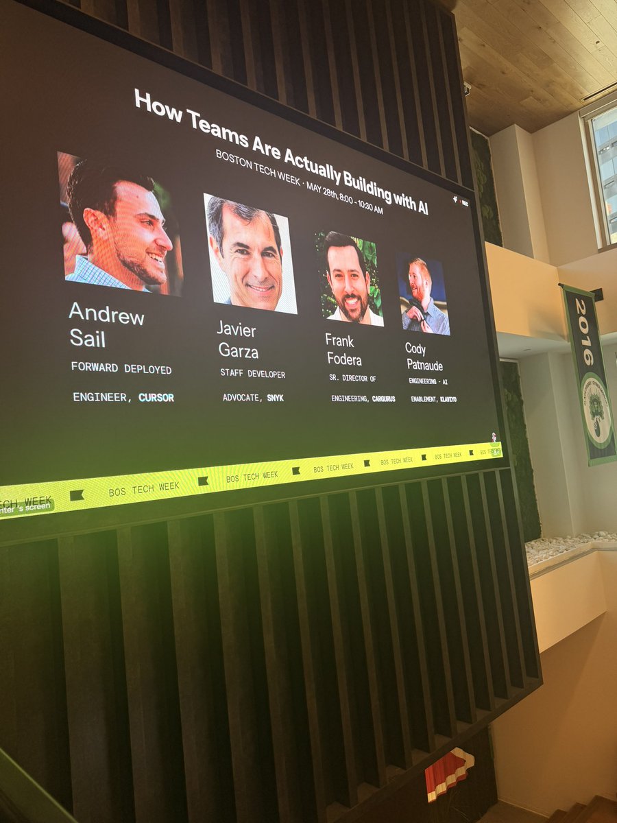 TracyMassaro_'s tweet photo. Incredible lineup with @snyksec, @klaviyo, @cursor_ai, @CarGurus talking about how teams are building with AI. Lots of discussion about how jobs are changing (identify crisis is real for many), how teams are using different tools and skills and more. 

Answers to burning questions: 

Does every PR get reviewed by a Human? No according to Cursor. 

Are junior engineers still getting hired?Yes according to Klaviyo. 

What KPIs folks are using to measure success (ROI, speed to impact, code half life, decrease in code issues/incidences, failures, security).

Thank you @klaviyo for being a @Techweek_ sponsor!

#BOSTechWeek