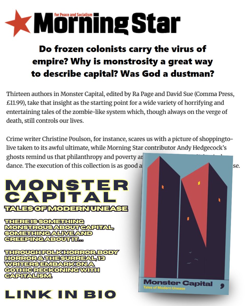 commapress's tweet photo. 'The exe­cu­tion of this col­lec­tion is as good as the concept, and that’s high praise.’

✍️@MatCoward on Monster Capital for @M_Star_Online 🔗in🧵👇

📘 MONSTER CAPITAL: https://t.co/OkWxLRVeTM https://t.co/Cirs6zY4Zx