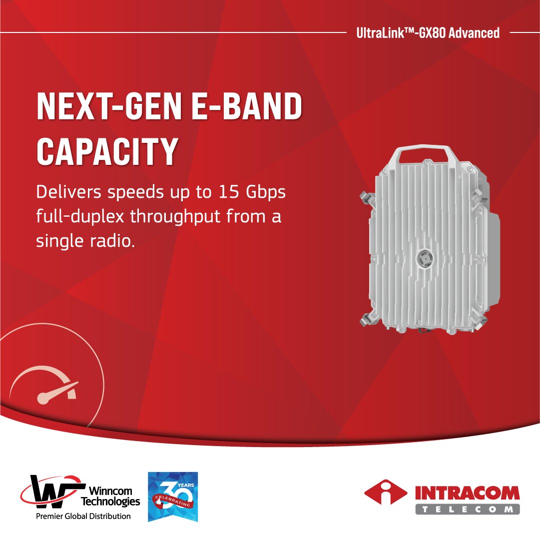 WinncomTech's tweet photo. Meet the UltraLink™-GX80 Advanced: up to 15 Gbps full duplex in a single-polarization E-Band link.
Faster rollout. Lower costs. Reliable high-capacity backhaul.
Deploy faster, get in touch with our team
👉 https://t.co/w5etTOYqZe

#5G #Backhaul  #Wireless #WISP @IntracomTelecom https://t.co/pbKZoxZ051
