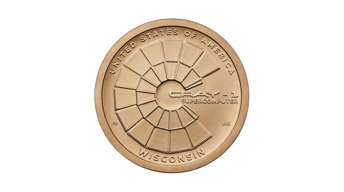 Benaroni's tweet photo. United States Mint Releases 2026 American Innovation® $1 Coin Program Designs. This design exhibits a stylized aerial view of the Cray-1 supercomputer. The image emphasizes the Cray-1 shape, the shape of a “C” for Cray-1 and “computer.”  https://t.co/blBaeEAubR https://t.co/lCxwyOeZk6