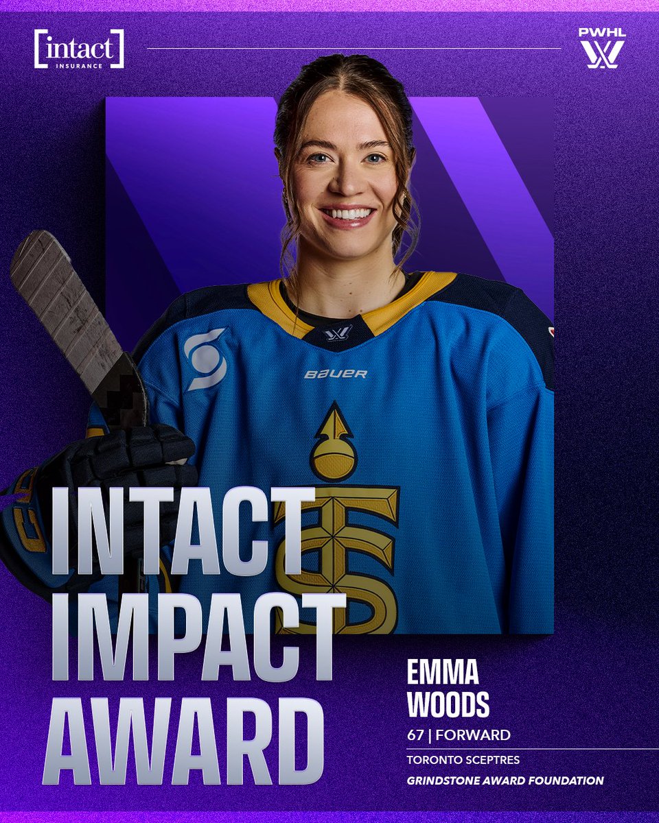thepwhlofficial's tweet photo. Leading by example 👏

@PWHL_Toronto's Emma Woods has been recognized as May's @IntactInsurance Impact Award winner for the consistent leadership and pursuit of excellence she brings to her team and the league.

Through the PWHL’s partnership with Intact Insurance, a $5k donation will be made on Emma’s behalf to Grindstone Award Foundation, which helps young female hockey players across Canada cover hockey registration costs.